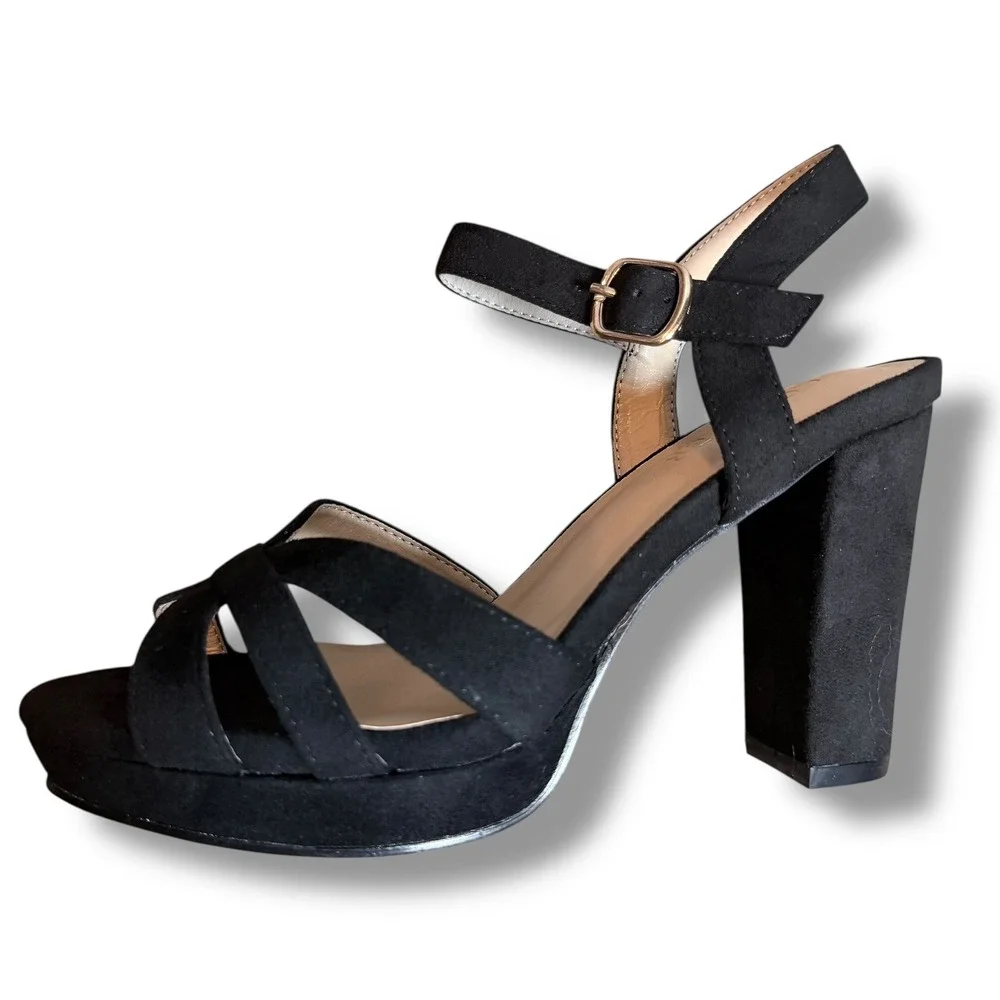 Coleter Womens Black Suede Platform Chunky Heel Sandals Open Toe Shoe Sz 7